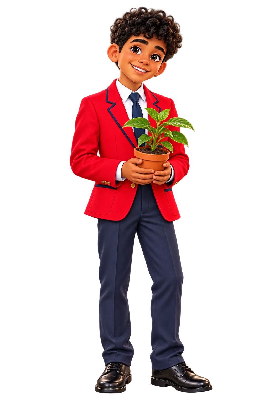 Caricatura de un estudiante con uniforme rojo y una planta