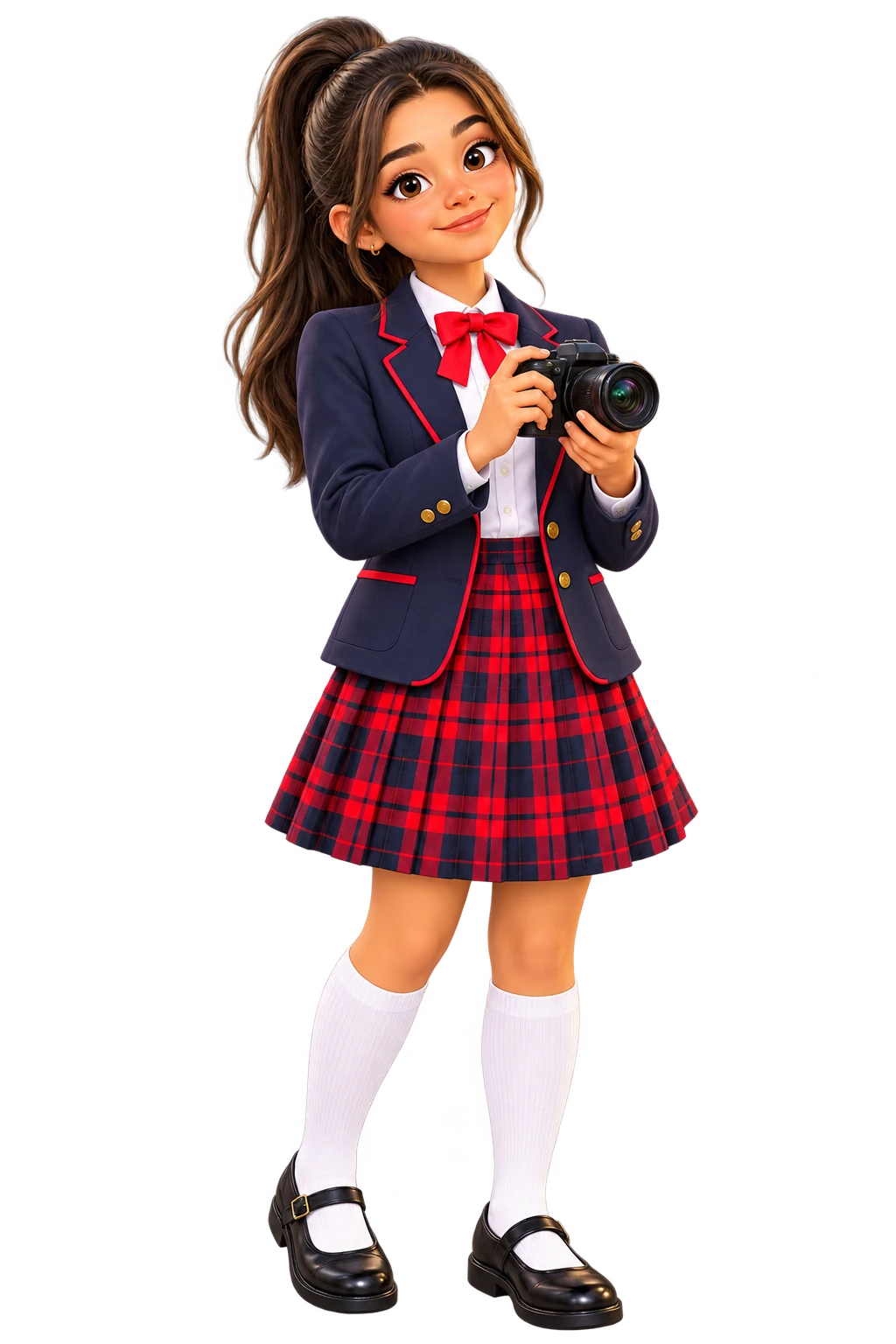 Caricatura de una estudiante con uniforme institucional y una cámara