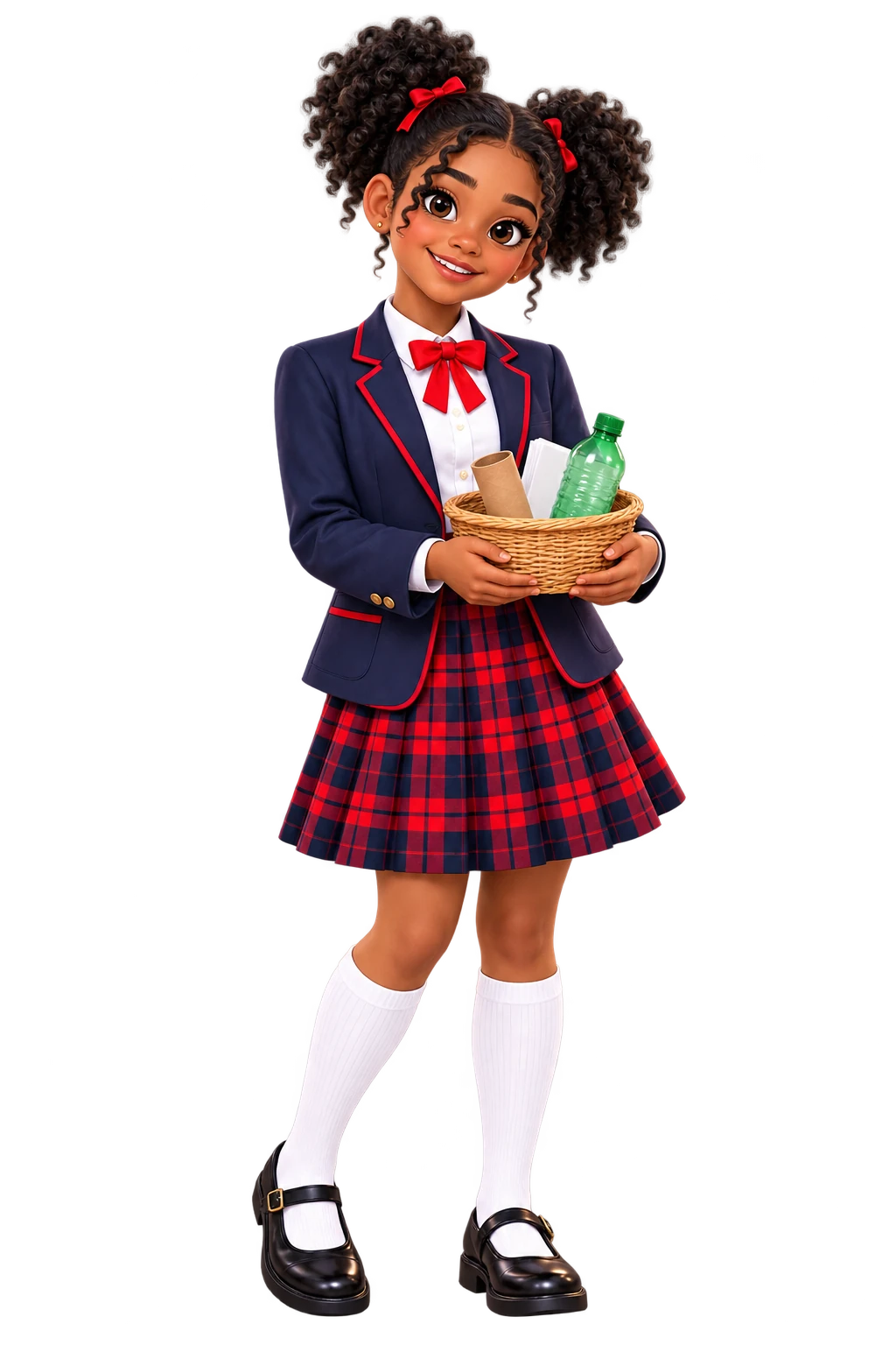 Caricatura de una estudiante con materiales reciclables